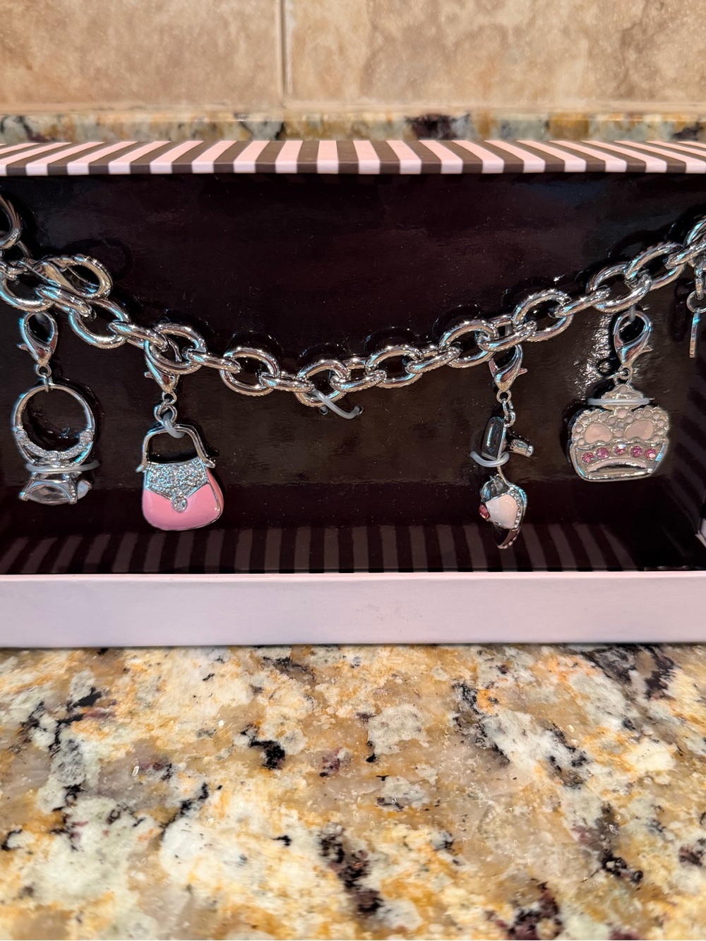 Silver Chunky Charm Bracelet with Pink Enamel Charms